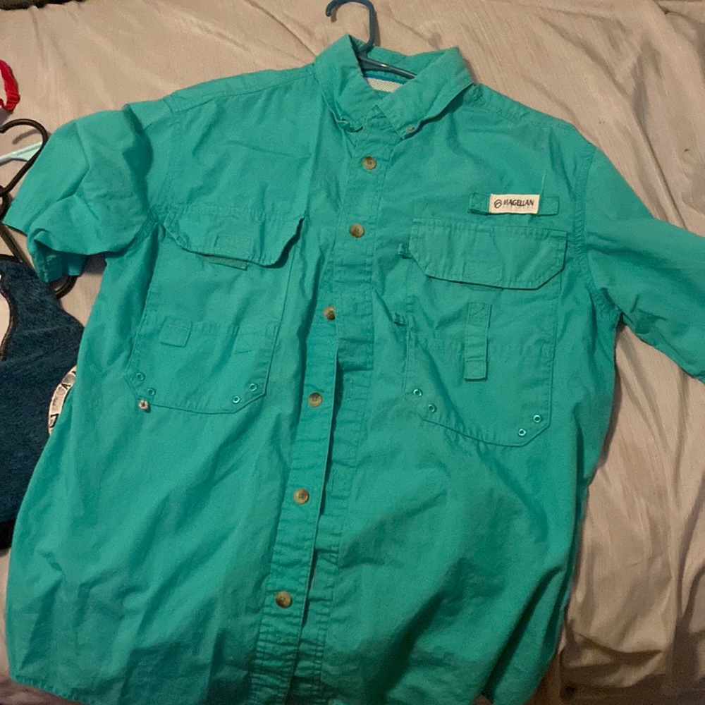 teal/light green, fisher gear short sleeve shirt perfectly good never been worn